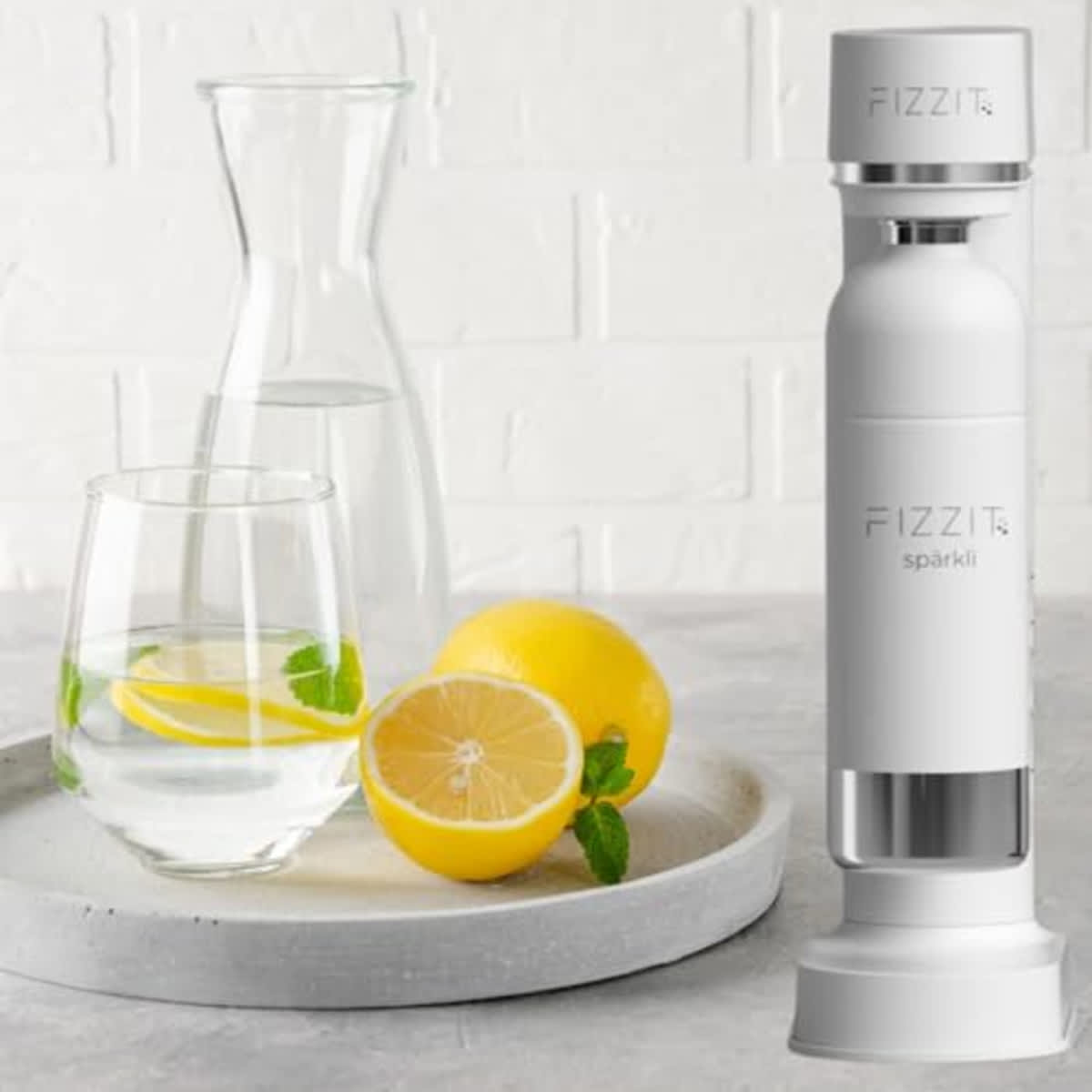 White Fizzit Stainless Steel Sparkling Water Maker Bundle | Includes Soda Maker, CO2 Cylinder, & 12-Flavor Variety Pack | Customizable Carbonated Water Machine, Reusable Bottle & Eco-Friendly