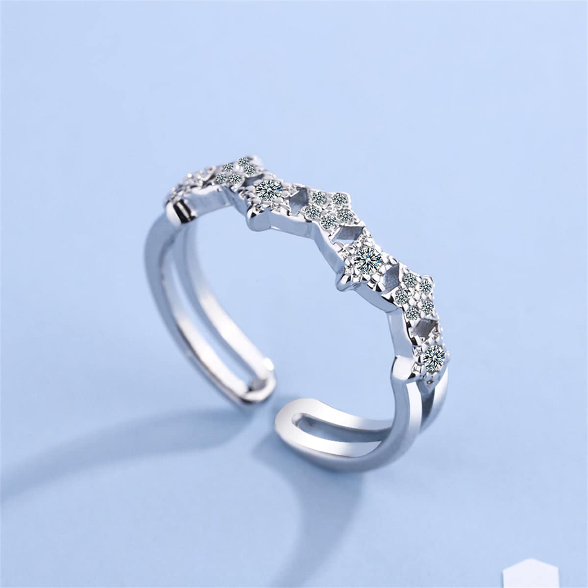 Cubic Zirconia & Silvertone Linked Star Open Band Ring