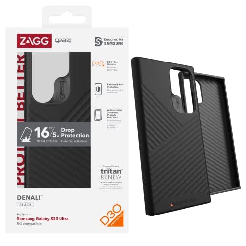 Zagg Gear4 Denali Samsung Galaxy S23 Ultra Phone Case (Textured), D30 Drop Protection up to 16ft / 5m, Works with Wireless Charging Systems, Reinforced Backplate with Edge-To-Edge Protection Black