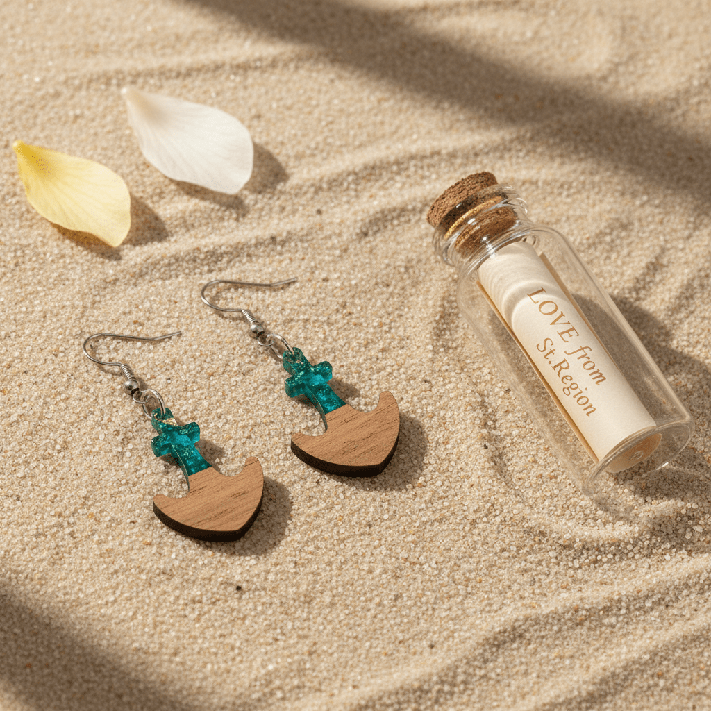 Green Resin & Wood Silvertone Anchor Hook Earrings