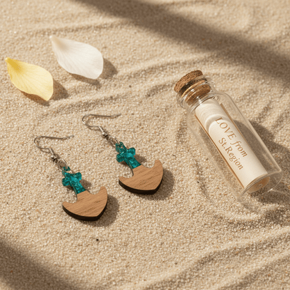 Green Resin & Wood Silvertone Anchor Hook Earrings