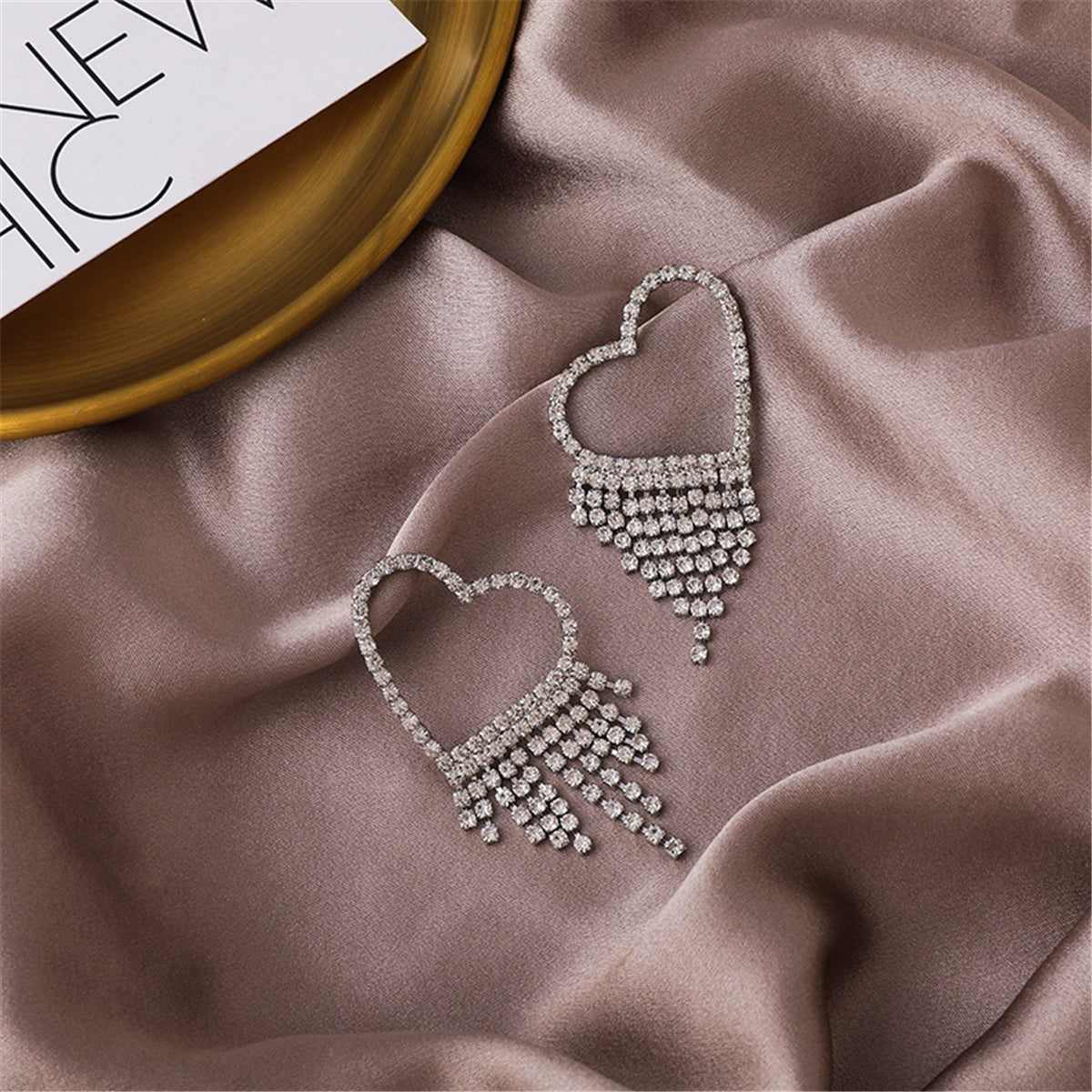 Cubic Zirconia & Silvertone Heart Tassel Drop Earrings