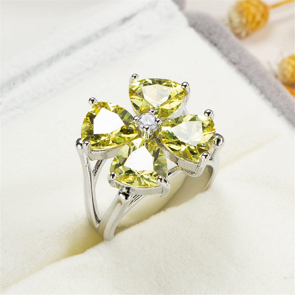 Yellow Cubic Zirconia & Crystal Clover Ring
