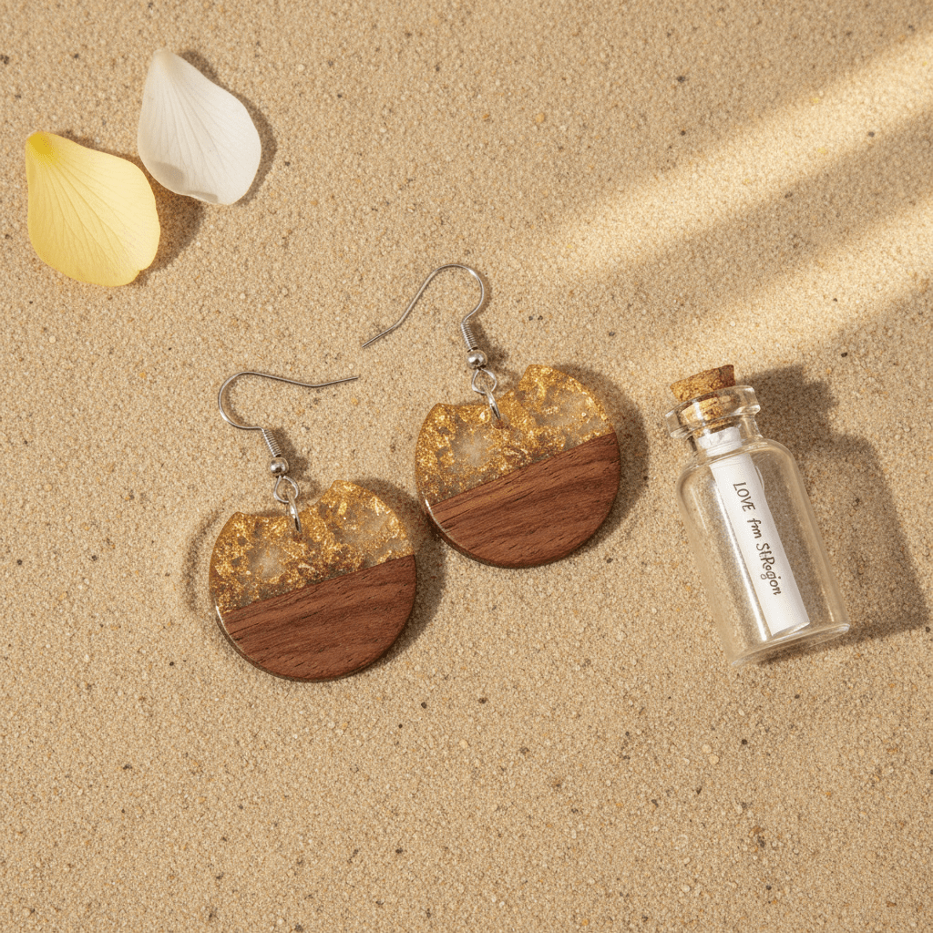 Clear Resin & Wood Silvertone Gold Foil Circular Hook Earrings
