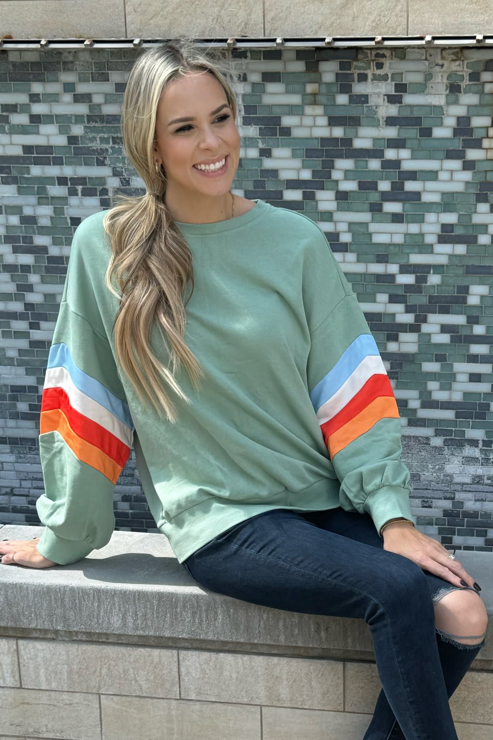 Ella Striped Sleeve Loose Sweatshirt - Jade / S - 4/6