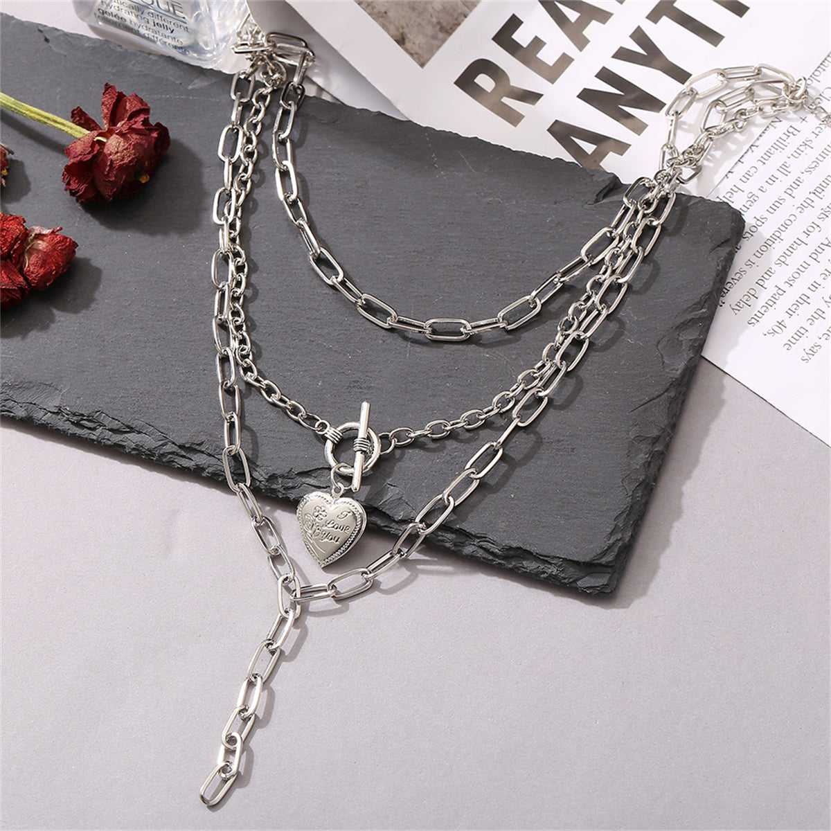 Silvertone Heart Toggle Layered Lariat Necklace