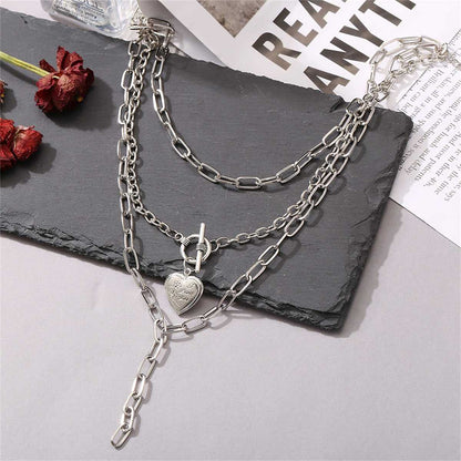 Silvertone Heart Toggle Layered Lariat Necklace