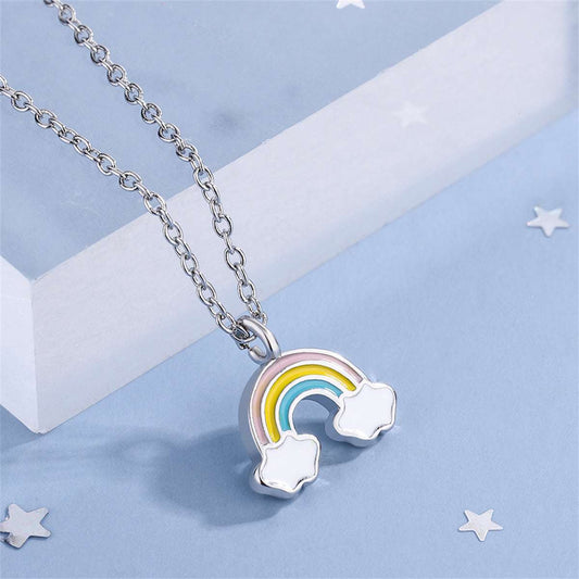 Enamel & Silvertone Rainbow Pendant Necklace