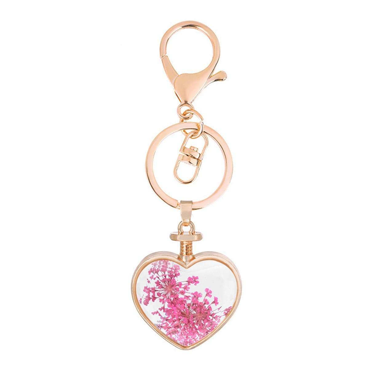 Rose Pressed Gypsophila & Goldtone Heart Key Chain
