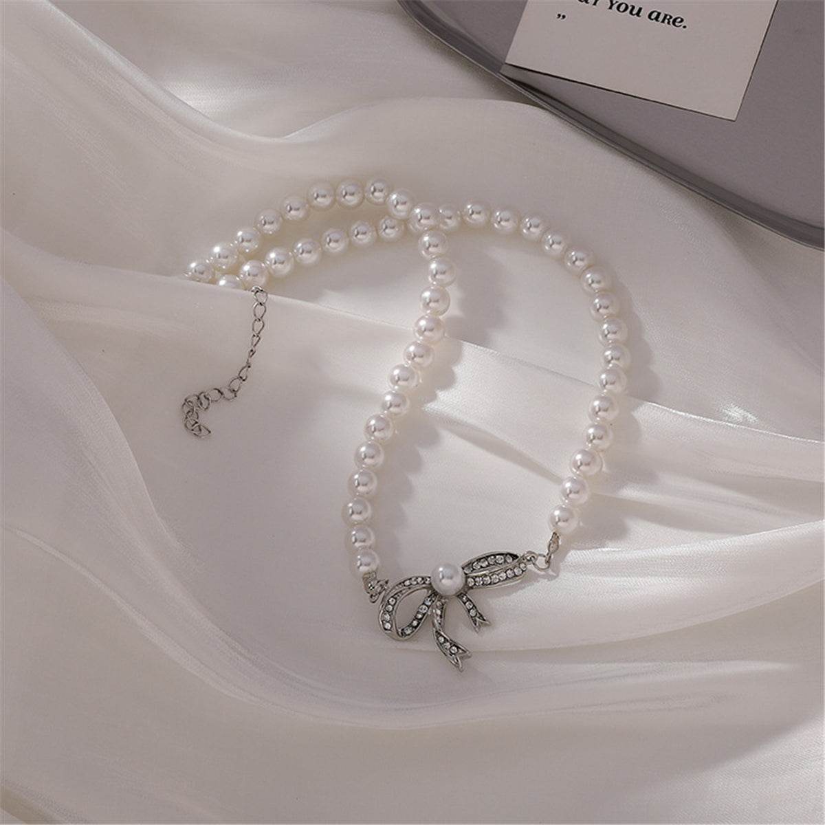 Cubic Zirconia & Pearl Beaded Bow Pendant Necklace