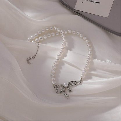 Cubic Zirconia & Pearl Beaded Bow Pendant Necklace