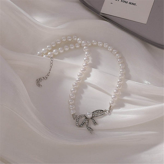 Cubic Zirconia & Pearl Beaded Bow Pendant Necklace