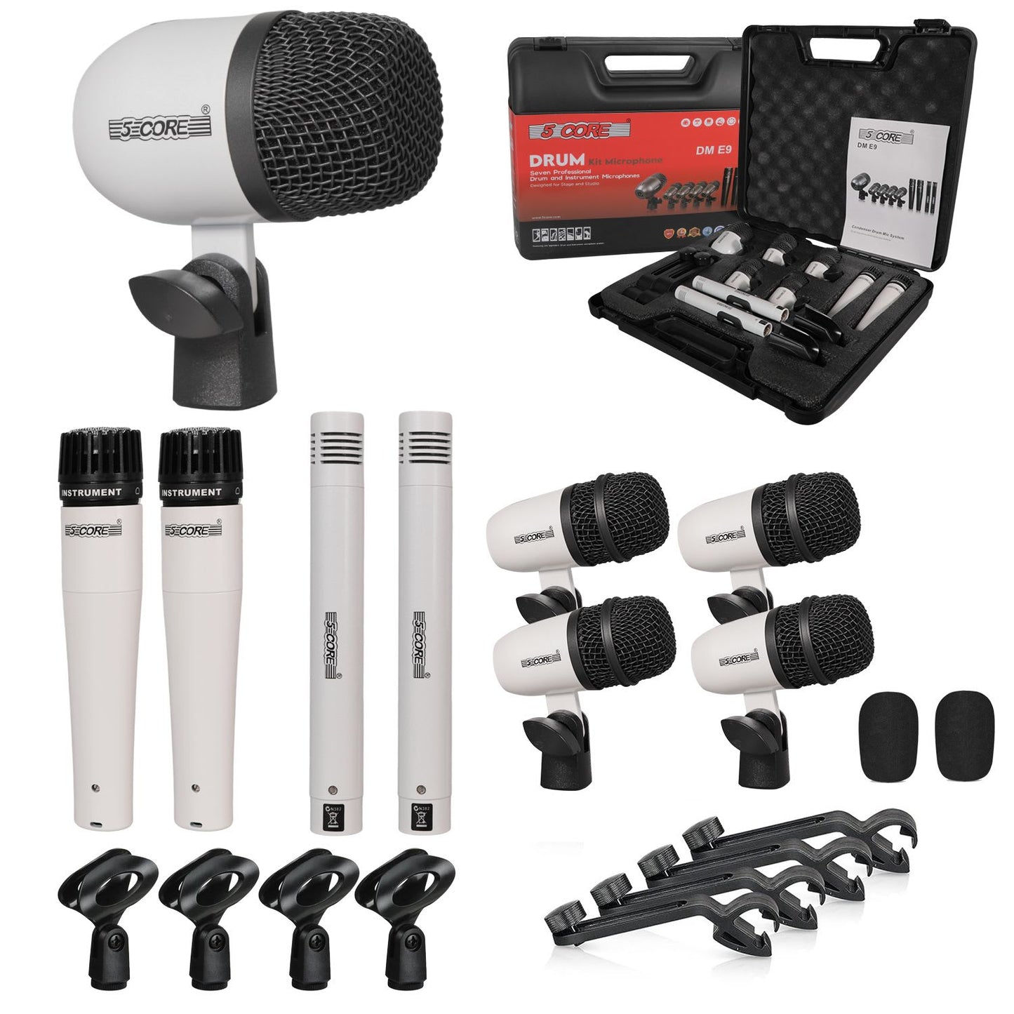 5 Core Drum Microphone Kit 9Pc All Metal Drummer Mics Tom/Snare & Cymbals Wired Instrument Drums Set - White