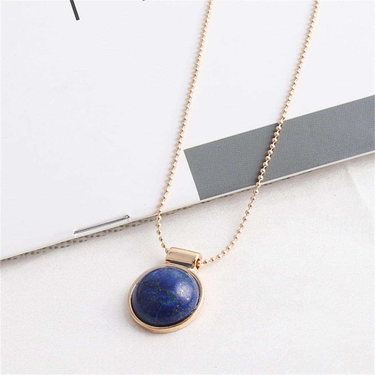 Lapis & Goldtone Round Pendant Necklace