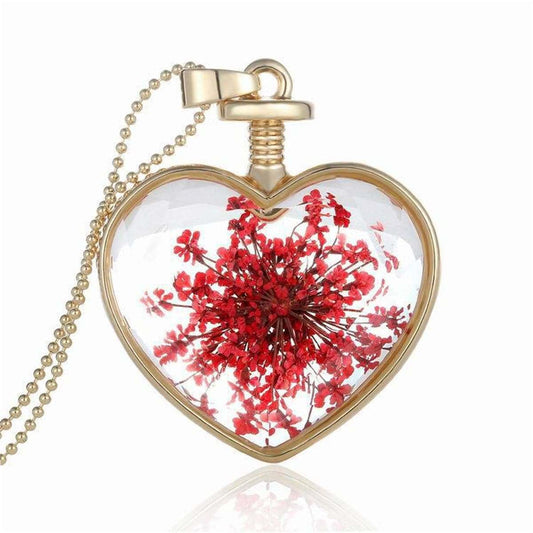 Red Pressed Gypsophila & Goldtone Heart Pendant Necklace