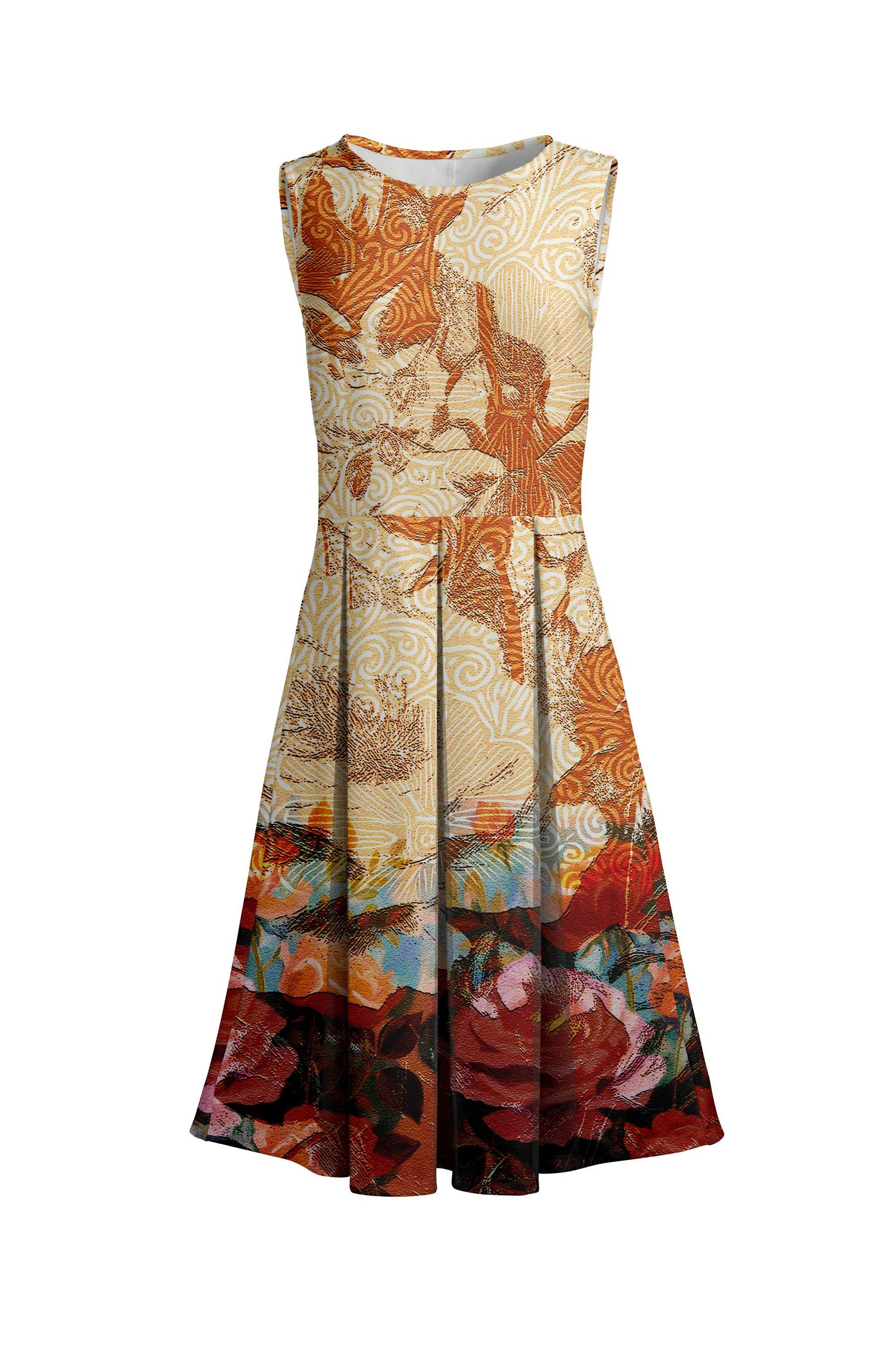 Lily by Firmiana Women's Sleeveless Dress with Pleated Skirt Orange & Blue Autumn Floral Orange & Blue Autumn Floral / XL