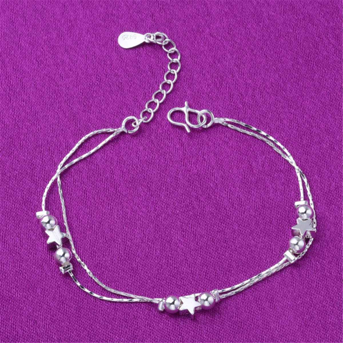 Silvertone Star Bead Layered Anklet