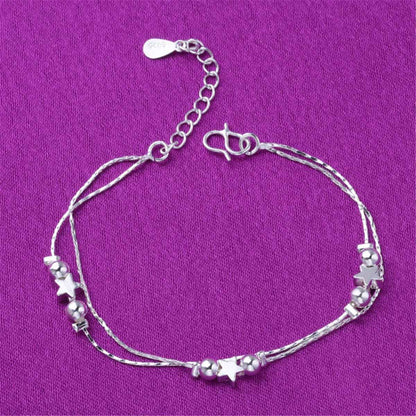 Silvertone Star Bead Layered Anklet