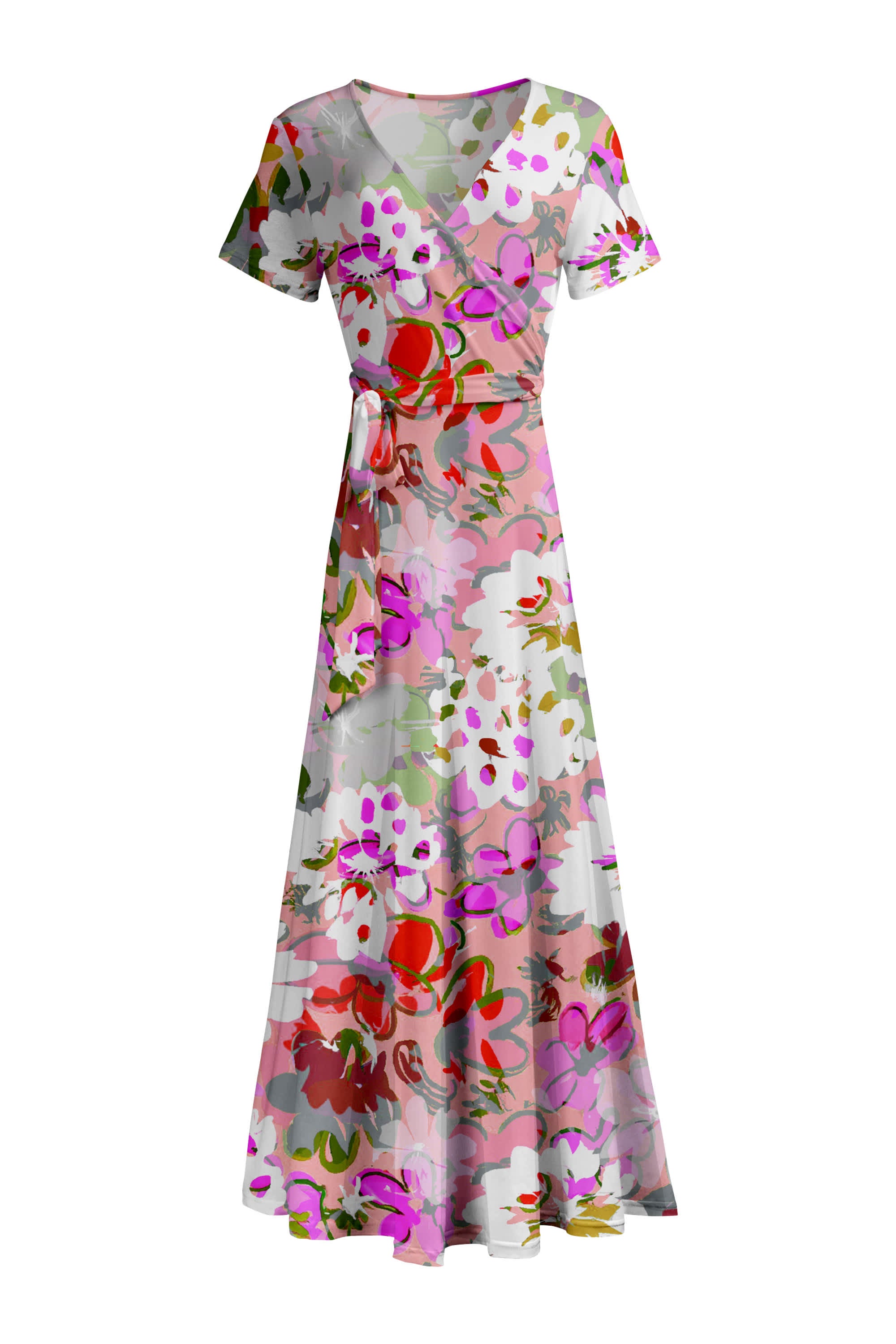 Lily by Firmiana Women’s Collared Maxi Dress with Button Placket, Waist Tie and Long Sleeves Women’s Apparel Red Blue Tropical Floral Print