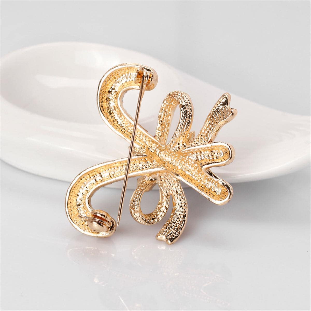 Red & Goldtone Bow & Double Candy Cane Crutch Brooch
