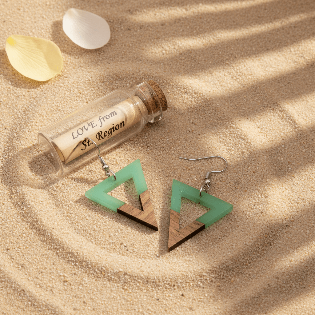 Green Resin & Wood Silvertone Open Triangle Hook Earrings