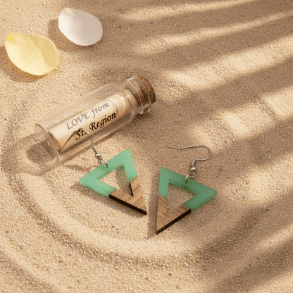 Green Resin & Wood Silvertone Open Triangle Hook Earrings