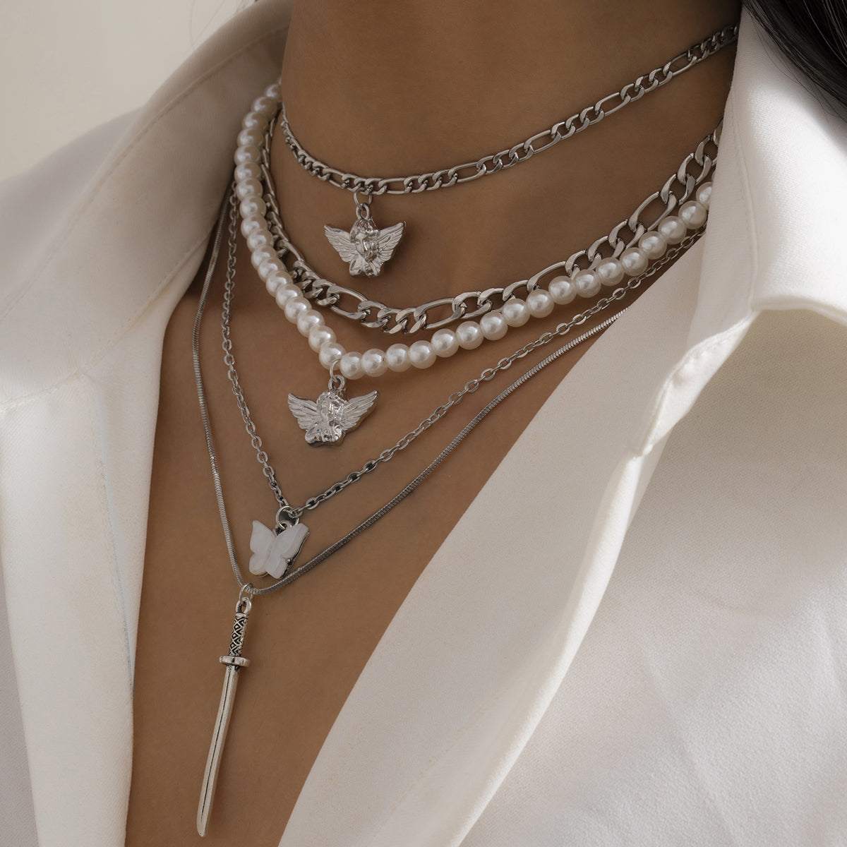 Pearl & Shell Angel Butterfly Pendant Necklace Set