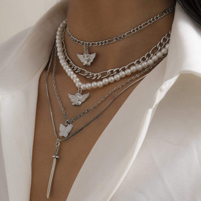 Pearl & Shell Angel Butterfly Pendant Necklace Set