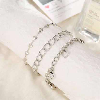 Silvertone Openwork Heart Station Charm Anklet Set