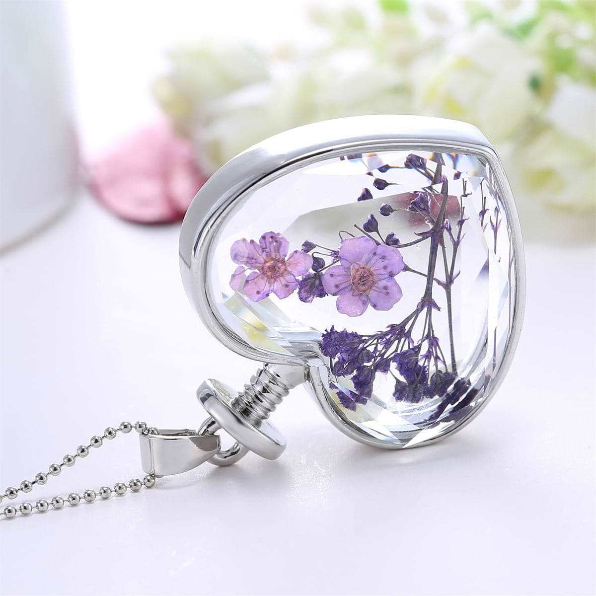 Purple Pressed Peach Blossom & Silvertone Heart Pendant Necklace-1
