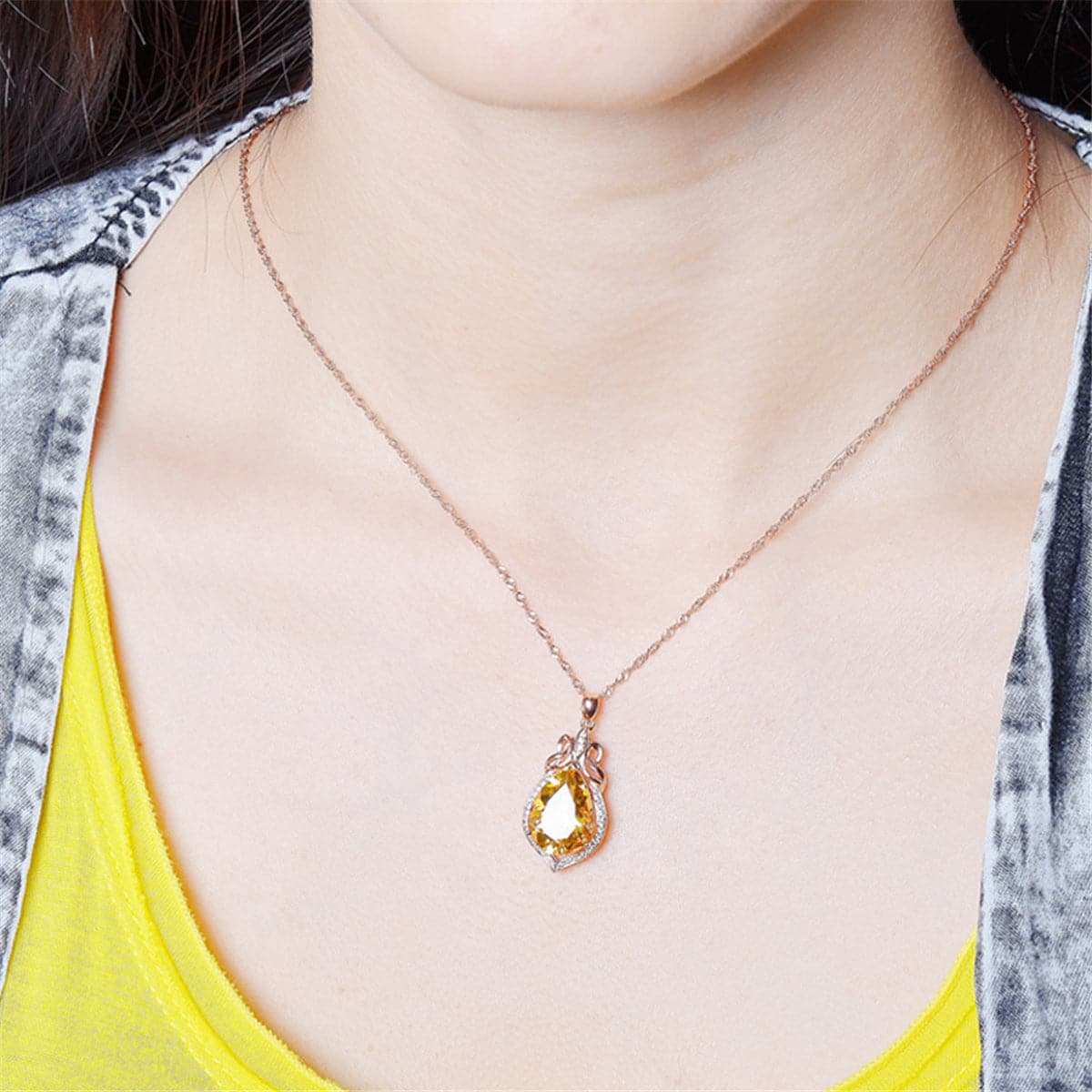 Yellow Crystal & Cubic Zirconia Rose Goldtone Teardrop Pendant Necklace
