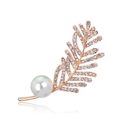 Cubic Zirconia & Pearl Goldtone Leaf Brooch