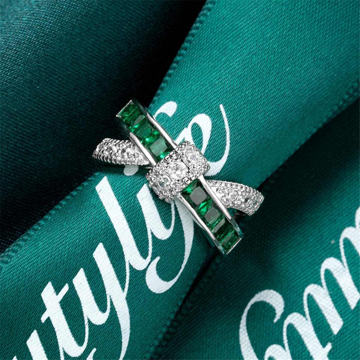 Green Crystal & Cubic Zirconia Crossing Line Ring