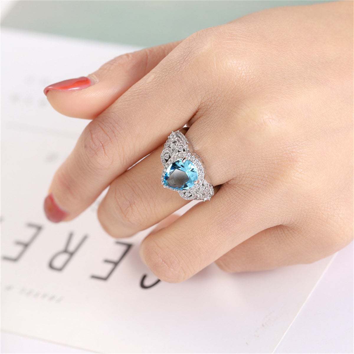 Sea Blue Crystal & Cubic Zirconia Teardrop-Cut Ring-2