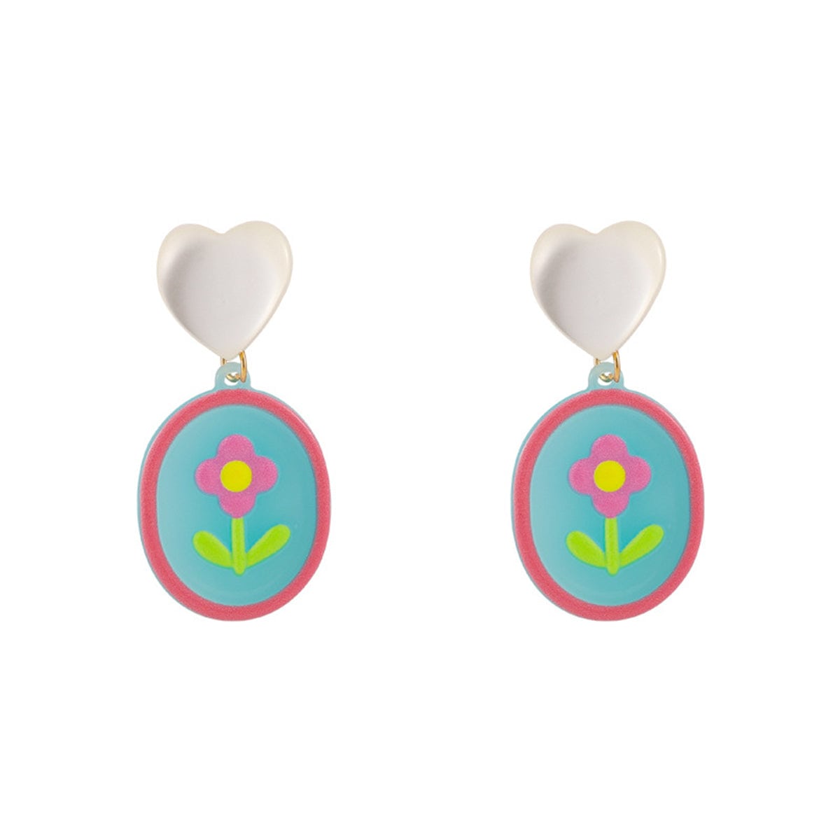 Pink Acrylic & Cat's Eye Silvertone Heart Flower Drop Earrings