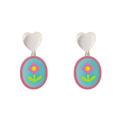 Pink Acrylic & Cat's Eye Silvertone Heart Flower Drop Earrings