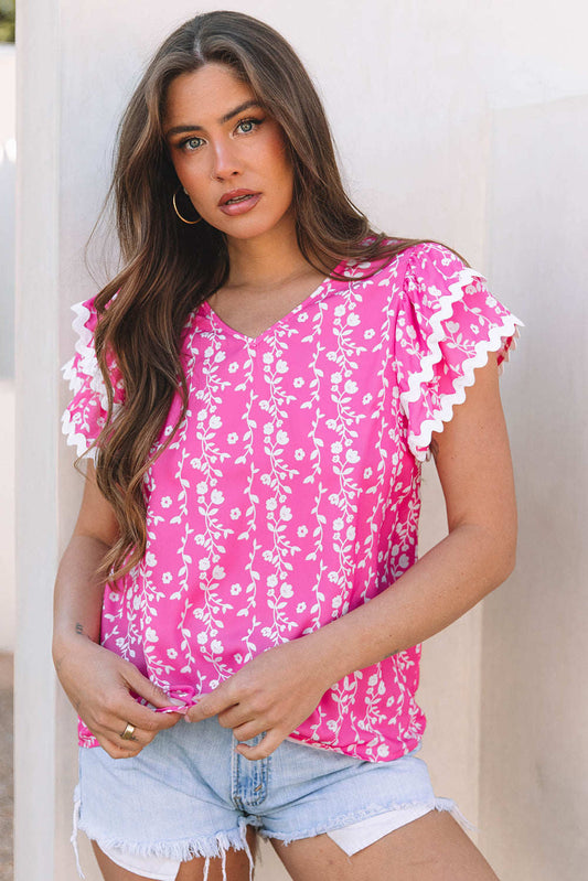 Threaded Pear Rayna Floral Ric-rac Tiered Ruffled V Neck Blouse
