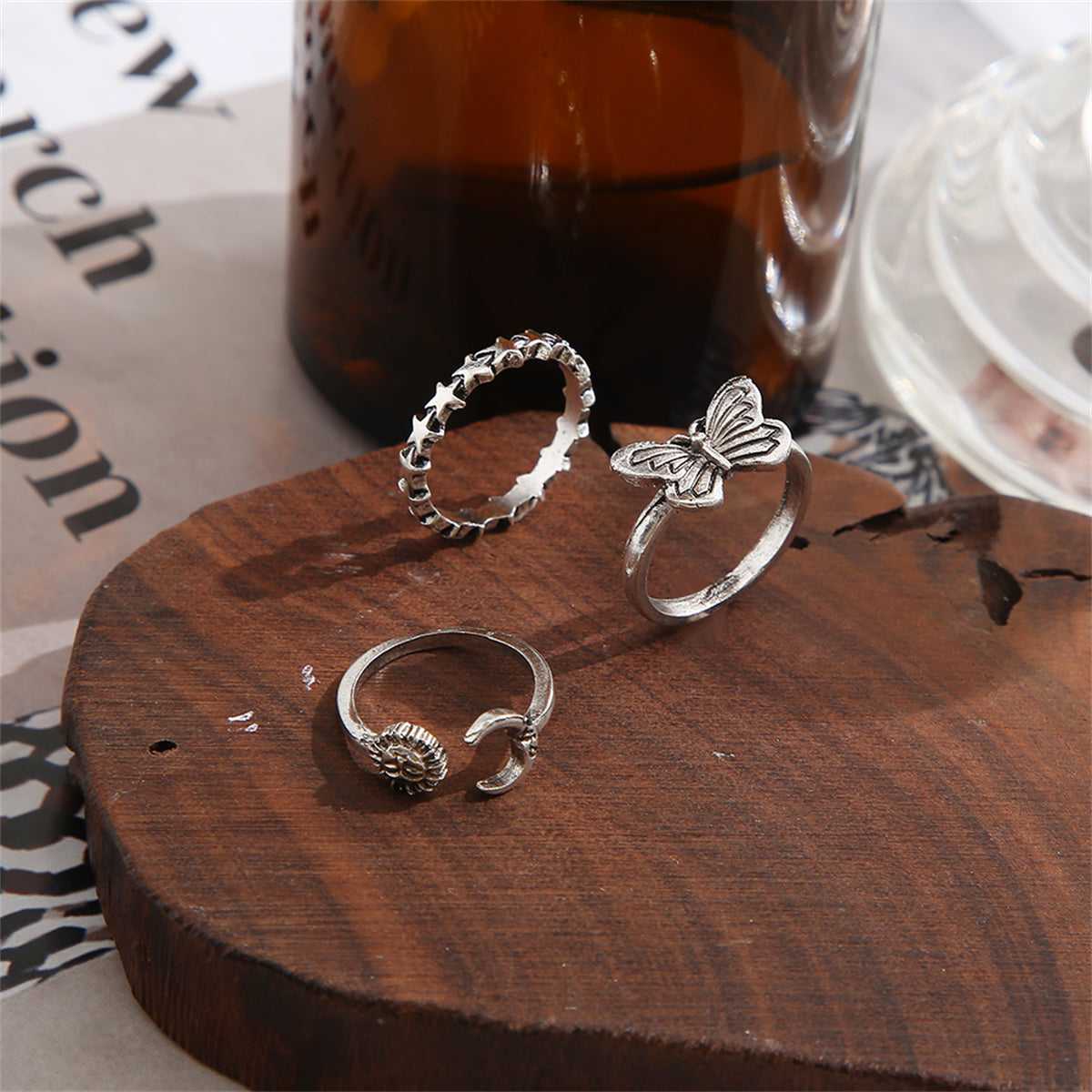 Silvertone Celestial Bypass Ring Set