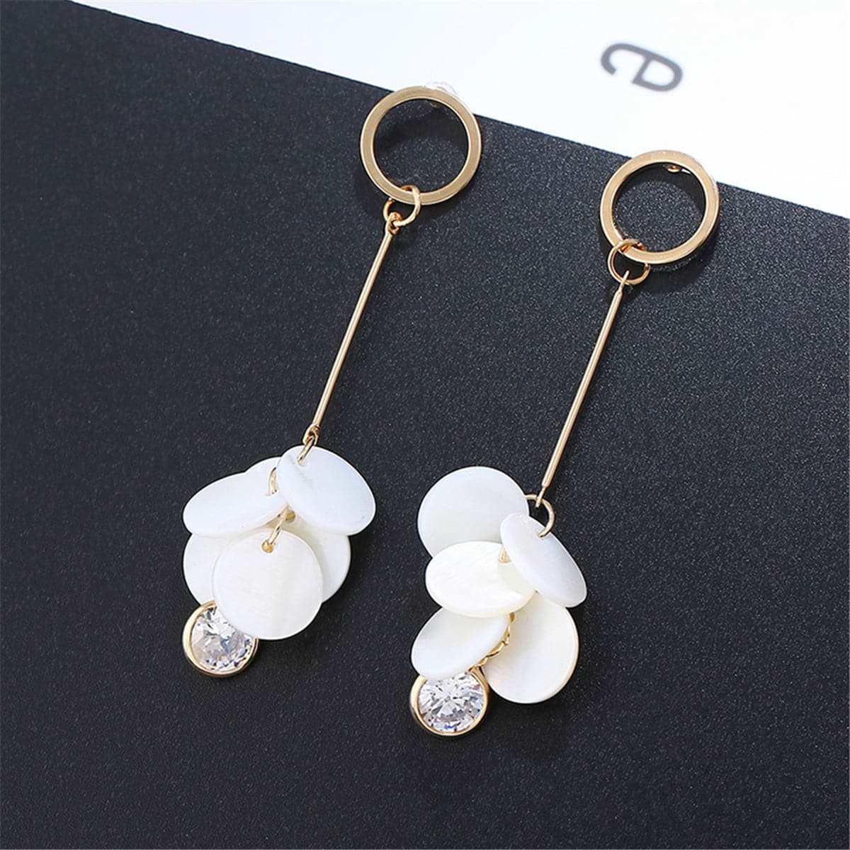 Cubic Zirconia & Shell Disks Drop Earrings