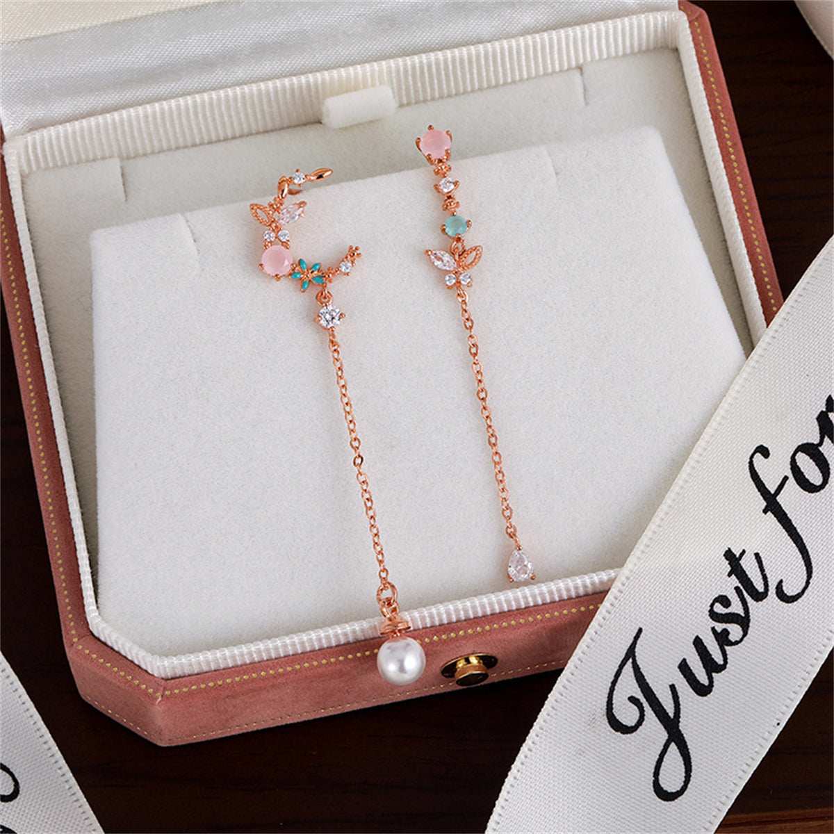 Crystal & Pearl Rose Goldtone Asymmetrical Butterfly Moon Drop Earrings