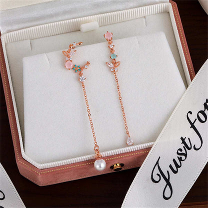 Crystal & Pearl Rose Goldtone Asymmetrical Butterfly Moon Drop Earrings