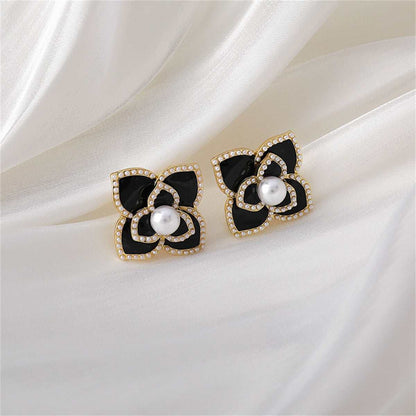 Pearl & Black Camellia Goldtone Stud Earrings
