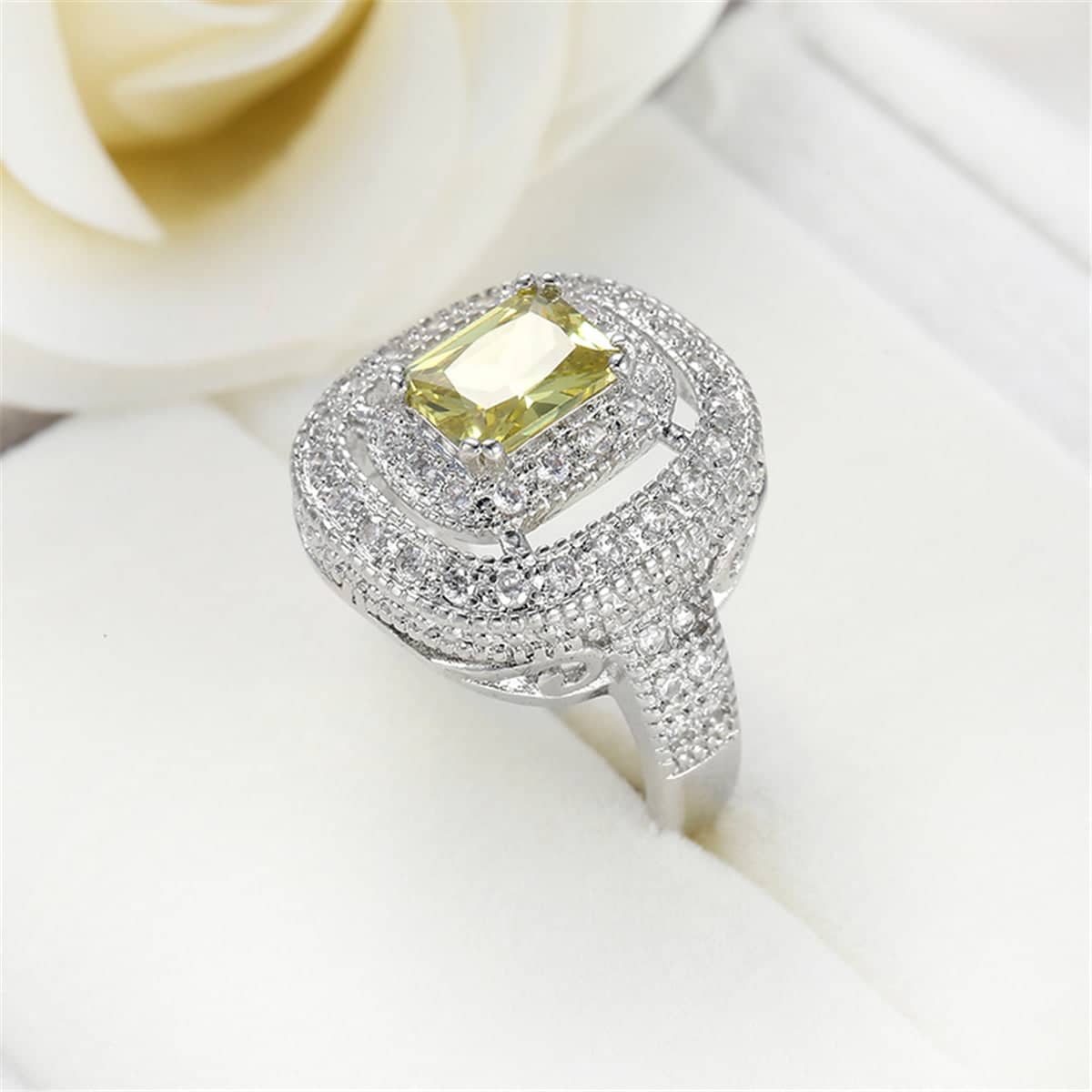 Yellow Crystal & Cubic Zircon Layered Halo Ring
