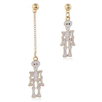 White Enamel & Goldtone Skeleton Mismatching Drop Earrings