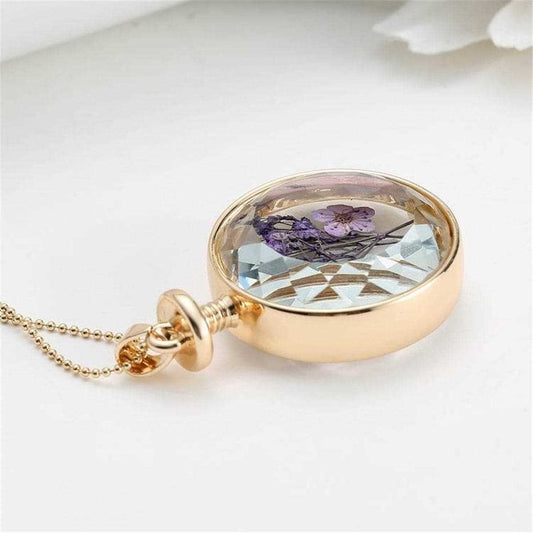 Purple Peach Blossom & Resin Round Pendant Necklace