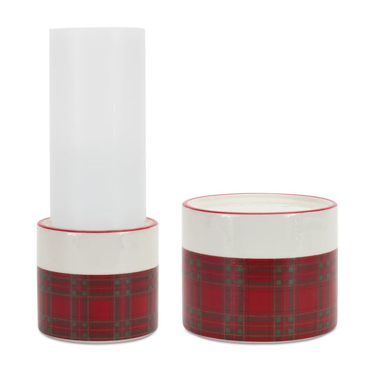 Melrose International Winter Plaid Ceramic Candle Holder (Set of 2)