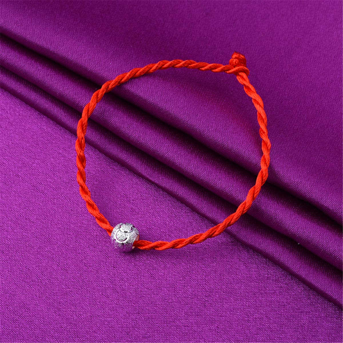 Red Polyster & Silvertone Frosted Bead-Accent Lucky Anklet