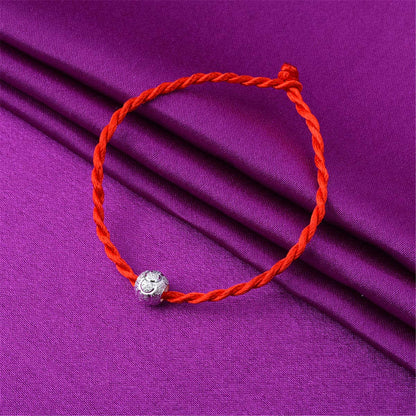 Red Polyster & Silvertone Frosted Bead-Accent Lucky Anklet