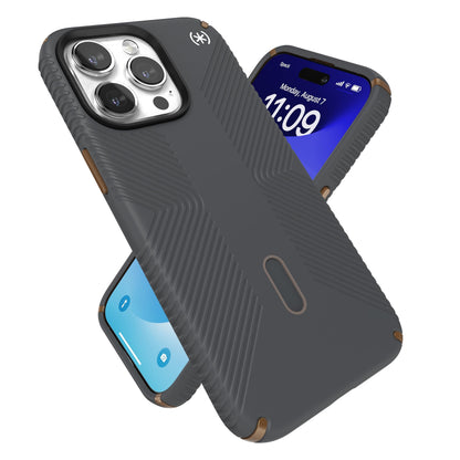 Speck Iphone 15 Pro Max Case - Clicklock No-Slip Interlock, Built for Magsafe, Drop Protection Grip - Soft Touch 6.7 Inch Phone Case - Presidio2 Grip Charcoal Grey/Cool Bronze/White