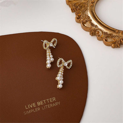 Pearl & Cubic Zirconia Goldtone Bow Dangle Earrings